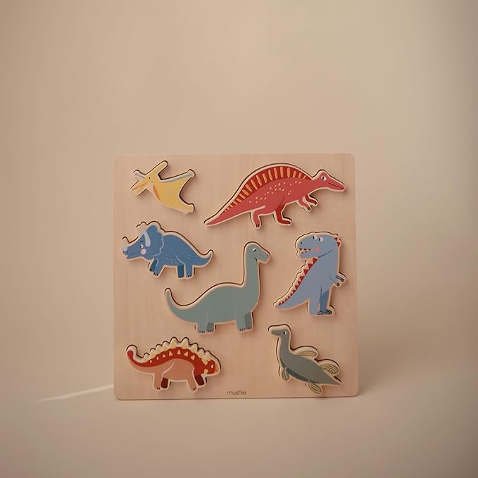 mushie Wooden Dino Puzzle | for Kids 3 Years+ | Preschool Educational & Toddler Montessori Toys (7 pcs)