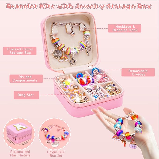 SUREHOME Charm Bracelet Making Kit, Jewelry Making Kit with Jewelry Box Arts and Crafts for Girls Ages 8-12 Personalized Birthday Christmas Gifts for 6-8 5 6 7 7+ 8+ 9 10 11 Year Old Girls -Initial J