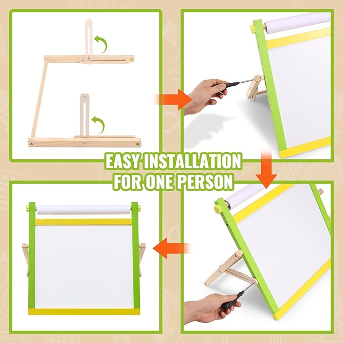 VEVOR Tabletop Art Easel for Kids, 3-in-1 Wooden Double-Sided Kid's Art Easel with Magnetic Whiteboard, Chalkboard, Paper Roll, Foldable Portable Drawing Board with Painting Accessories for Boys Girls
