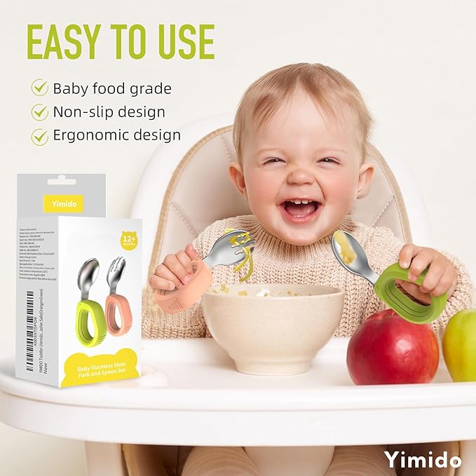 Toddler Utensils Baby Utensils Toddler Forks and Spoons Baby Forks and Spoons Set Kids Stainless Steel Silverware Set Children Safe Forks and Spoons Self Feedig-Dishwasher Safe(Orange+Green)
