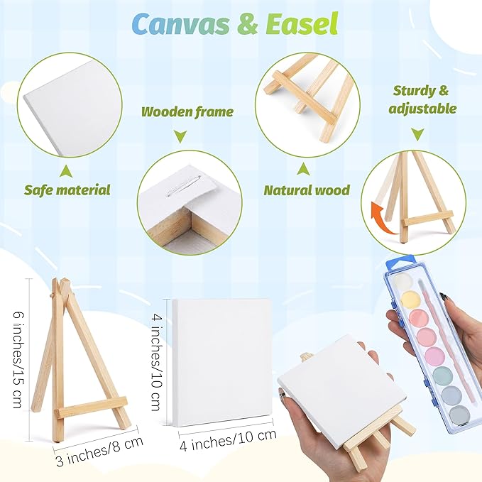 Aodaer 48 Pieces Valentine's Day Gift Mini Watercolor Paint Set Include 12 Set Colors Watercolor Paints Strip Palette Wooden Canvas Easels Canvas Tote Bags Aprons for Art Beginner Painting Supplies