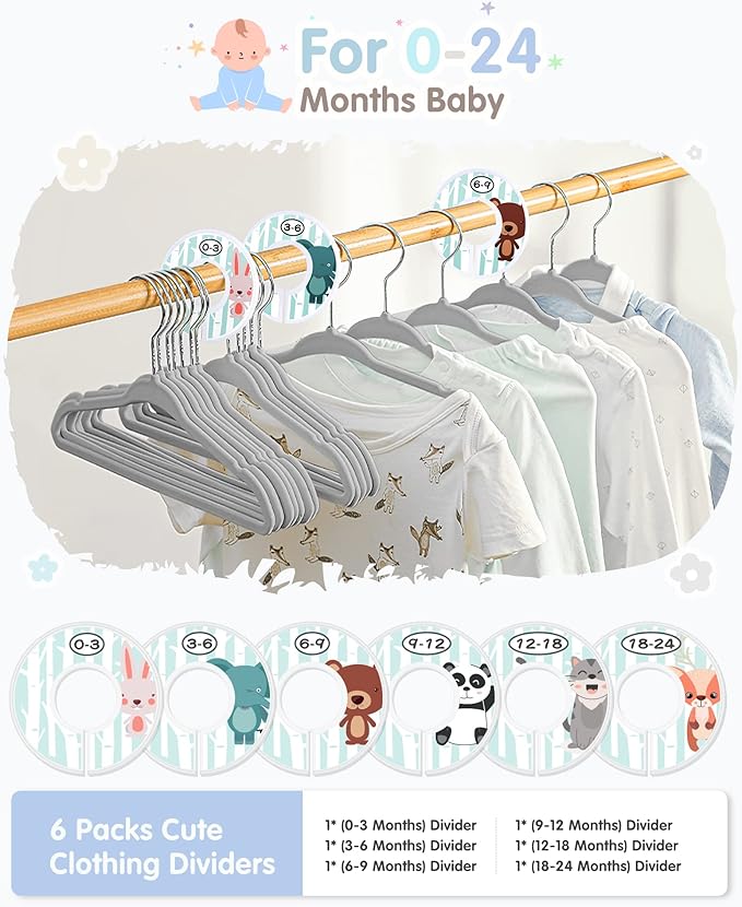 Baby Hangers, VIS'V 11 Inch Gray Velvet Kids Hangers with 6 Pcs Size Dividers Non Slip Nursery Children Closet Clothes Hangers for Infant Toddler Girls and Boys 50 Pcs