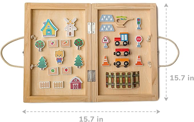 Bimi Boo 26-Piece Wooden Take-Along Tabletop Railroad Play Set for Toddlers - Premium Wood Railway Set for Kids 3+ Year Old - Magnetic Train Kit for Pretend Play - Includes Carry Case with Handle