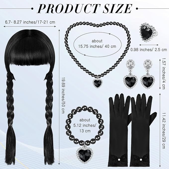 Black Wig Girls Costume, Halloween Costumes for Kids Girls, Black Outfit Costume Accessories Set for Kids(Classic)