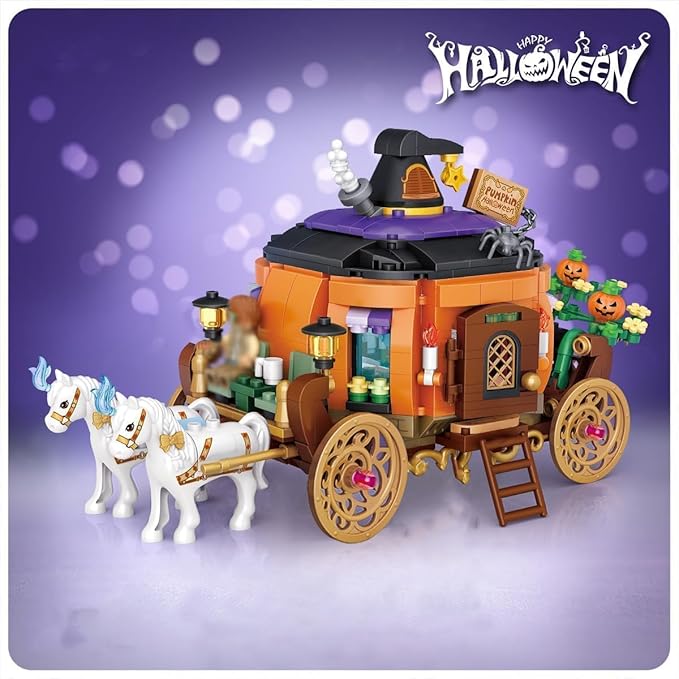 Street View Halloween Haunted House Bricks Model Set, 839Pcs DIY Halloween Pumpkin Carriage Building Block Assembly Mini Particle Construction Toy