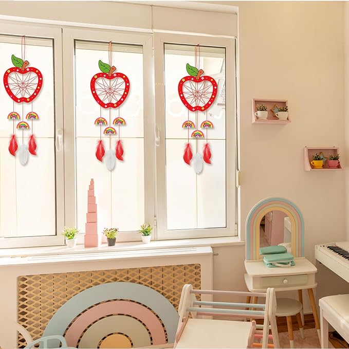 Fennoral 6 Pack Dream Catcher Craft Kit for Kids Paint You Own Apple with Rainbow Dreamcatcher DIY Coloring Wooden Art and Craft for Classroom Art Activity Teacher Appreciation Gifts