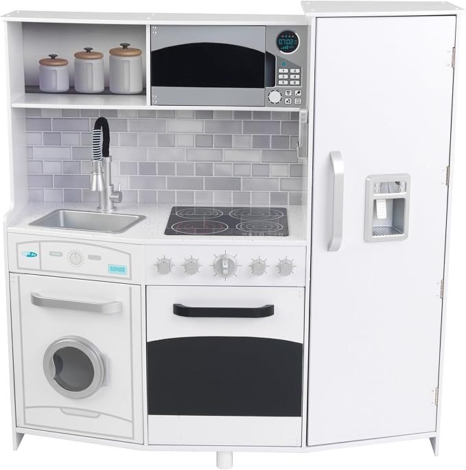 KidKraft Large Wooden Play Kitchen with Lights & Sounds, Icemaker, Play Phone, White, Gift for Ages 3+