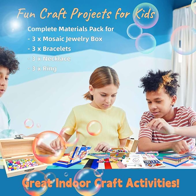 DEUXPER DIY Mosaic Jewelry Box & Beads Bracelets for Kids Ages 8-12, Crafts for Girls 6-8 9 10 11 Year Old, Girls Toys 10-12, Arts and Crafts for Kids, 7 Girl Birthday Gift