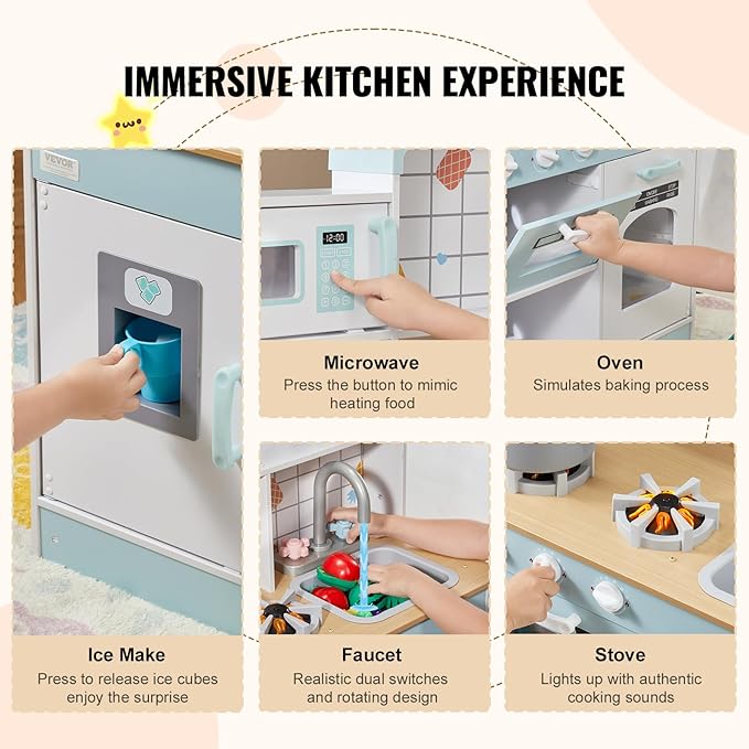VEVOR Wooden Play Kitchen Toy, Play Kitchen for Kids with Lights and Sounds, Toddler Kitchen with Ice Maker, Oven, Sink, Microwaves, Fridge and Utensil and Fruit Accessory for Toddlers Ages 3-8, White