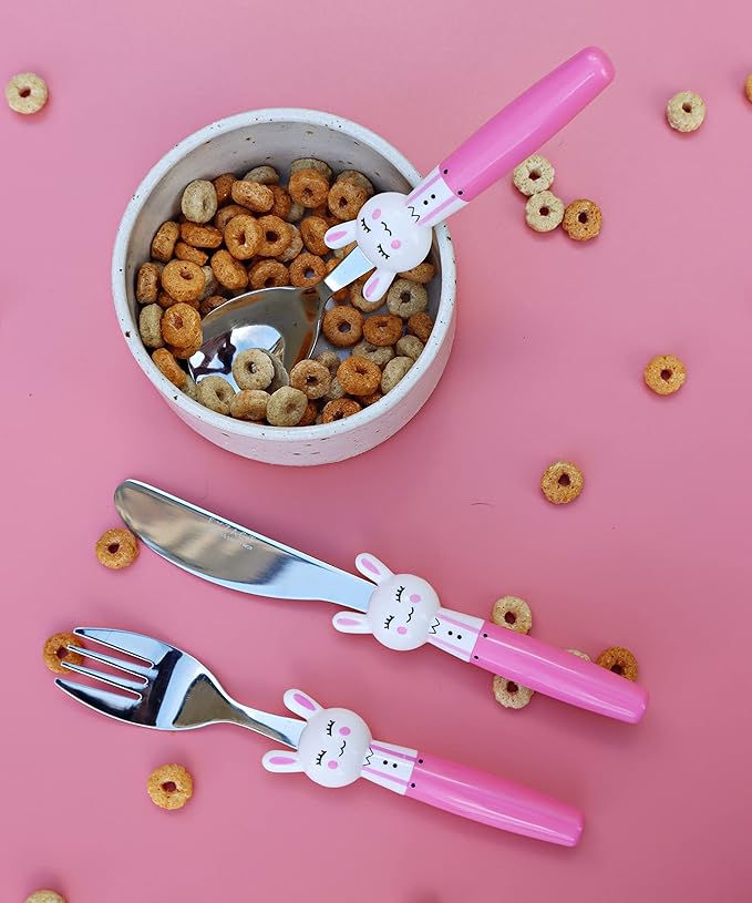 Exzact Children Flatware Pink Rabbit 6pcs Stainless Steel, Kids Silverware Toddler Utensils - BPA Free, Dishwasher Safe, 24M+