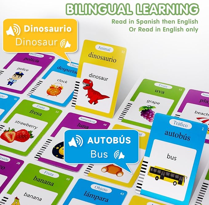 Spanish Talking Flash Cards for Toddlers 1 2 3 4 5 6 Years Boys Girls, Bilingual Toy for Kids Pocket Speech Audible Flashcards, Educational Sensory Toys