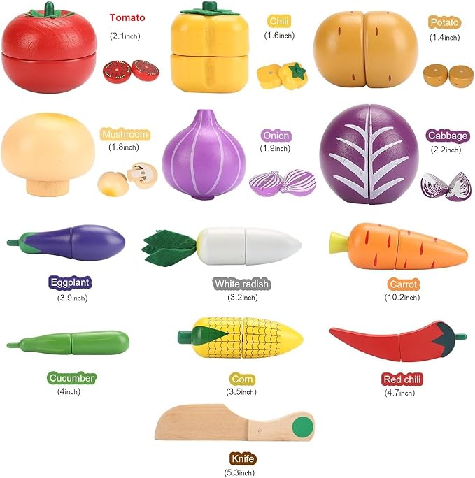 Victostar Magnetic Wooden Cutting Fruits Vegetables Food Play Toy Set with Basket for Kids