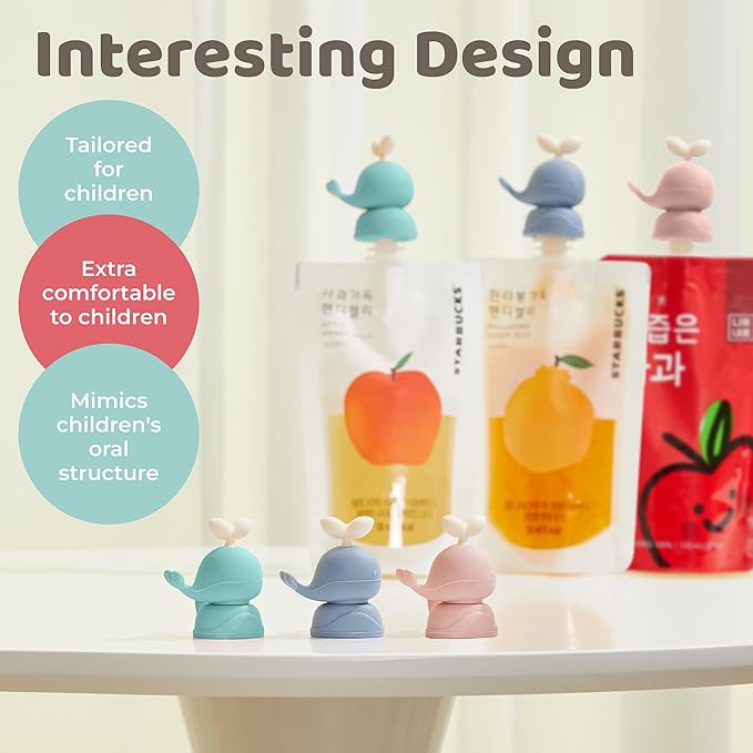 Whale SoftSip Food Pouch Topper | 2EA + Travel Case | Prevent Spills & Leakage | Protect Child Baby Toddler Mouth | Food Grade Silicone Reusable | Baby Led Weaning | BPA Free| Mint+Blue