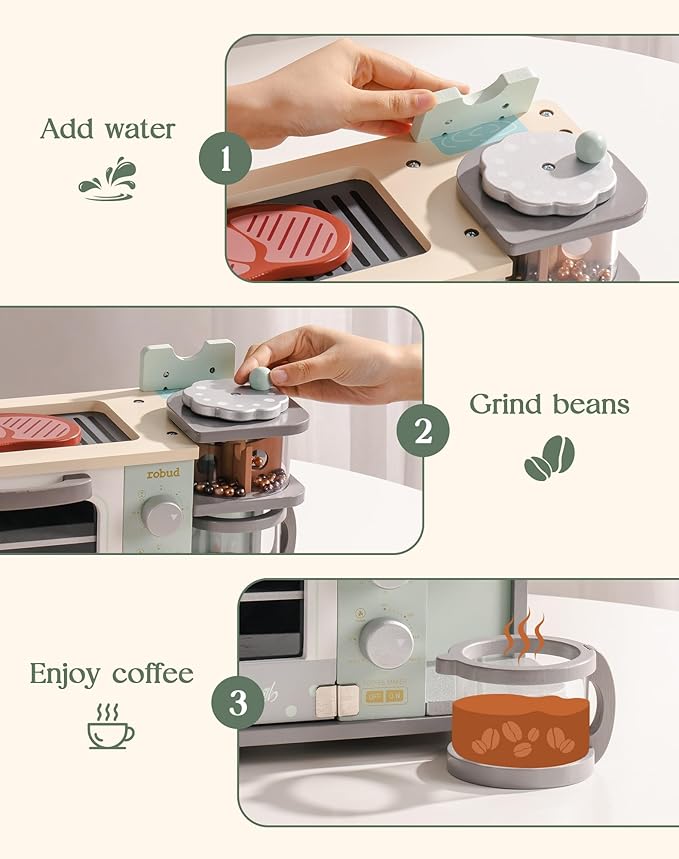 ROBUD Toddler Kitchen Playset - Wooden Breakfast Set with Coffee Maker, Toaster, Griddle, Play Food - Realistic Pretend Play Appliance and Accessories for Kids Ages 3+ Boys and Girls (Mint Green)
