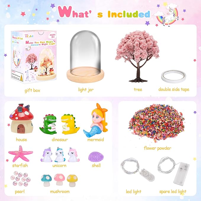 TCJJ Make Your Own Unicorn Night Light, Unicorn Craft Kit for Kids, Arts and Crafts DIY Nightlight Unicorn Mermaid Terrarium Birthday Gifts Christmas Gifts for Girls Age 4-8 6-8