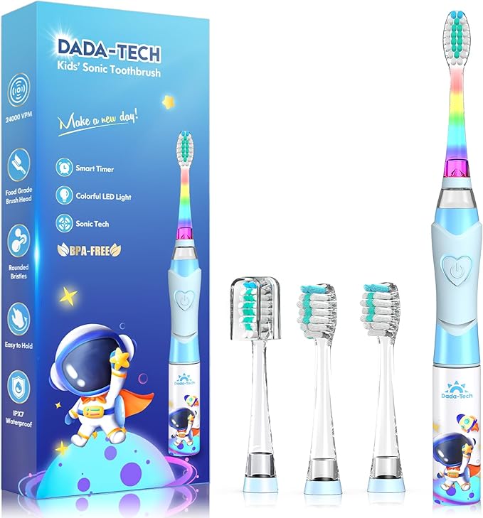 Kids Electric Toothbrush Toddler Toothbrush Age 2-4-8-12 Electric Toothbrush Kids with Timer Rainbow LED Light Up Vibrating Toothbrush Battery Operated Childrens Sonic Tooth Brush (Astronauts Blue)