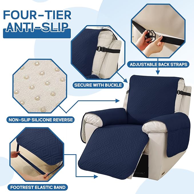 XINEAGE 100% Waterproof Recliner Cover, Non Slip Recliner Chair Cover with Elastic Band, Washable Recliner Slipcover with Storage Pockets for Kids, Pets (Dark Blue, 23")
