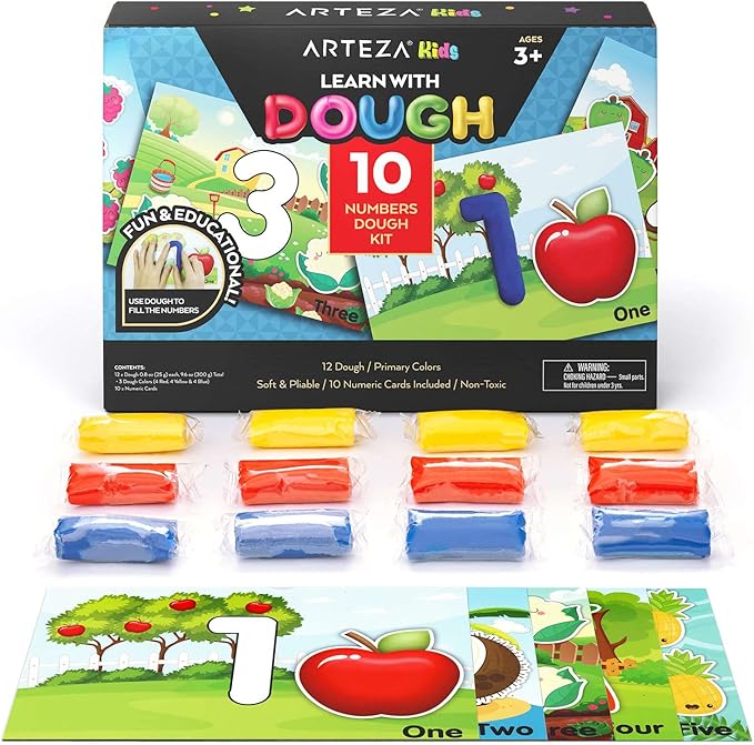 Arteza Kids Play Dough, Number Learning Dough Clay Kit, 12 Pieces, 0.8 oz, Red, Yellow, and Blue, 10 Numeric Cards, Art Supplies for Kids