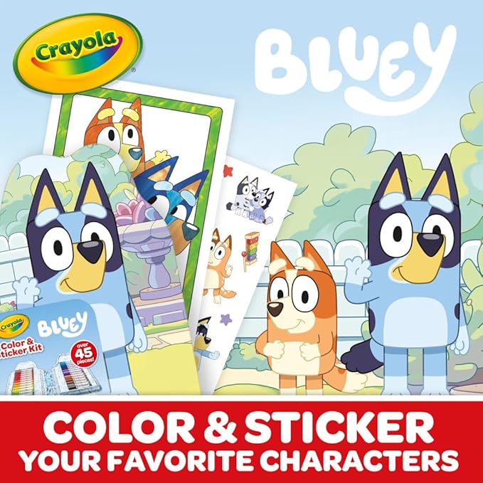 Crayola Bluey Art Kit for Kids (45pcs), Bluey Coloring Book Pages, Bluey Stickers for Kids, Bluey Toys For Girls & Boys, Toddler Gift, 4+
