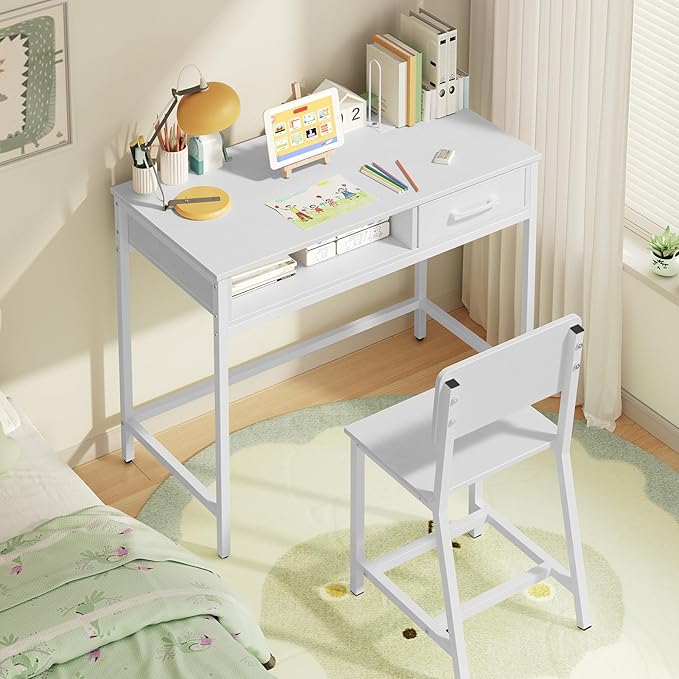 Kids Desk and Chair Set, Student Writing Desk, Kids Study Desk with Book Sorter and Fabric Drawer, Kids Wooden Study Table, for Study, Kids Room, Bedroom, White KDBW11901N1