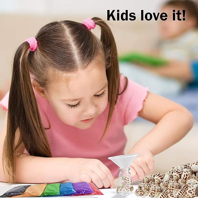 Upper Midland Products Sand Art Wishing Bottles, Bulk Sand Art She Shell Set, 20 Glass Bottles, 50 Seashells, 7 Color Sand, 20 Letter Paper, 3 funnels