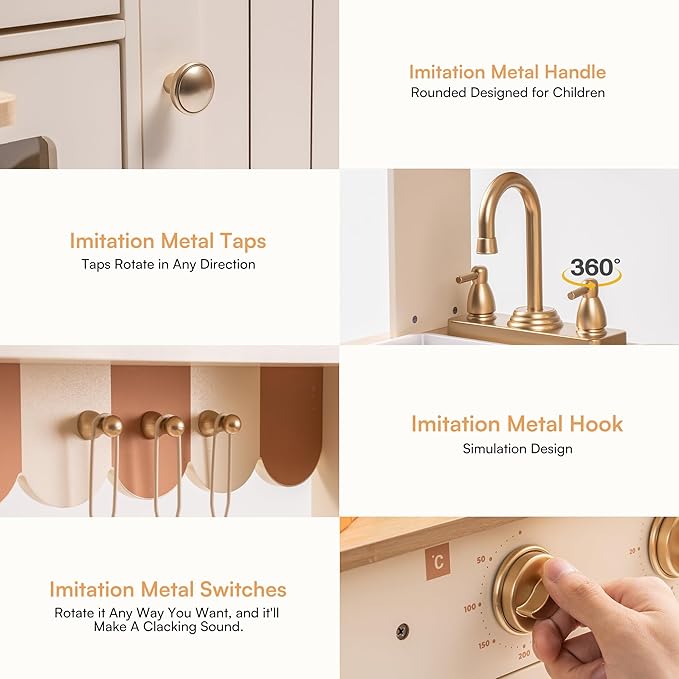 ROBUD Wooden Play Kitchen Set for Kids, Pretend Play Kitchen Toy Set with Golden Faucet, Sink, Oven, Stove, Cabinet, Vintage Style, Gift for Boys & Girls, Ages 3+