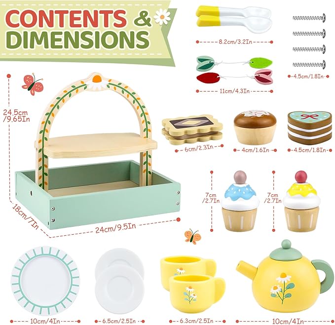 Wooden Tea Sets for Little Girls 1-3 Play Food Cake Toys Toddlers 3-5 Kitchen Accessories Pretend Play Princess Playset for 2 3 4 5 6 Year Old Girl Boy Party Birthday Gift