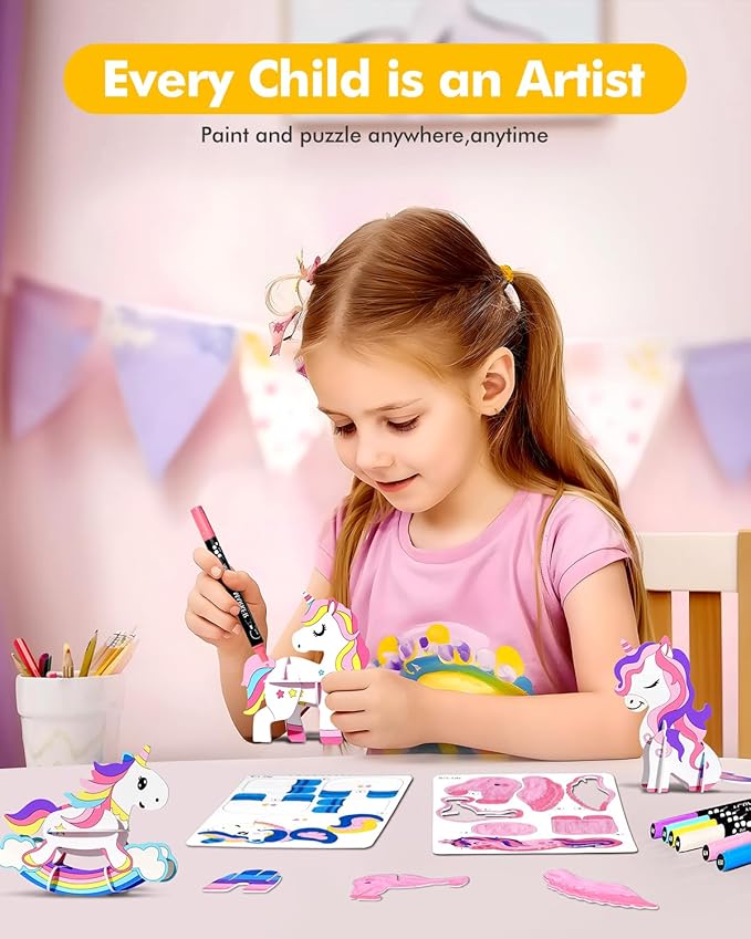 Paint with Unicorn Water Coloring Books for Kids,3D Puzzle & Watercolor Painting Kit,Mess Free Painting Activity,Arts and Crafts 8-12 Toy,Valentines Birthday Gifts for Girls Ages 4,5,6,7,8,9,10,11,12+