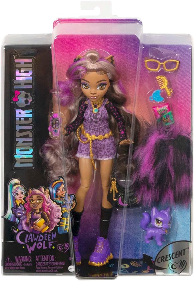 Monster High Doll, Clawdeen Wolf with Purple Streaked Hair in Signature Look with Fashion Accessories & Pet Dog Crescent