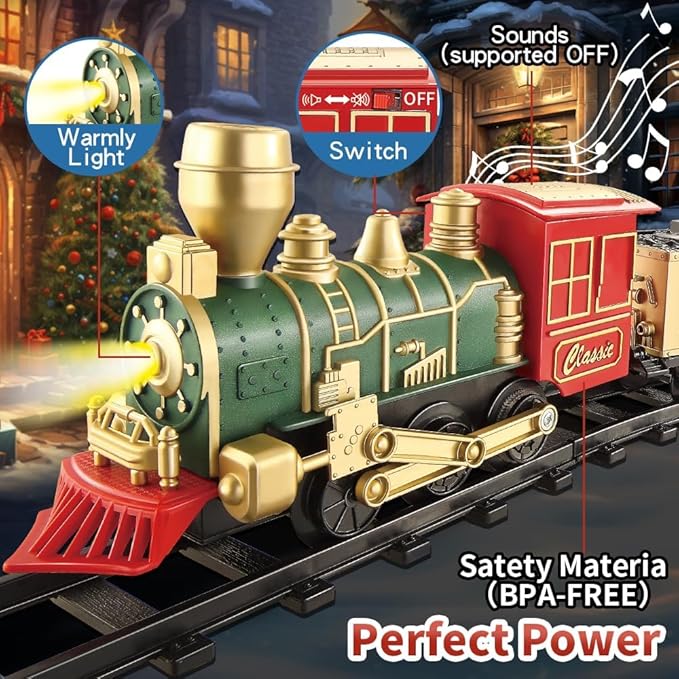 Train Set - Electric Train Toys, Toddler Train w/Light and Sounds (ON/Off), Classical Train Sets for Boys w/Locomotive, Carriages and Tracks, Christmas Toy Train Gifts for 3-10 Year Old Kids