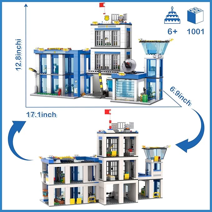 City Police Station Building Blocks Sets, City Police Prison Kits with Police Car, Helicopter Motorcycle, Trailer and Drone, Toy Building Kit Gift for Kids Boys Ages 6-12 (1001 Pieces)
