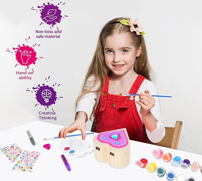 Paint Your Own Jewelry Box & Jewelry Making Kit - Arts and Crafts Painting Kits for Kids Girls Age 6-8, 250 PCS Wooden Beads Bracelets Making Kit Toys Gifts for Christmas Birthday 8-12 Years Old