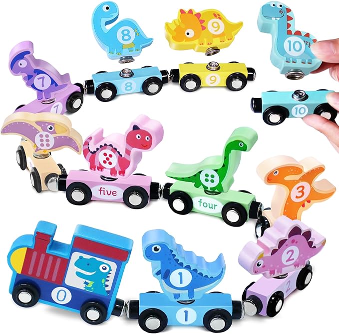 Wooden Train Set Dinosaur Toys for Kids 3-5, Magnetic Dinosaur Train Number Matching Color Sorting Sensory Toys for Toddlers, Montessori Toys for 3 4 5 Year Old Baby Girls Boys Birthday Gifts