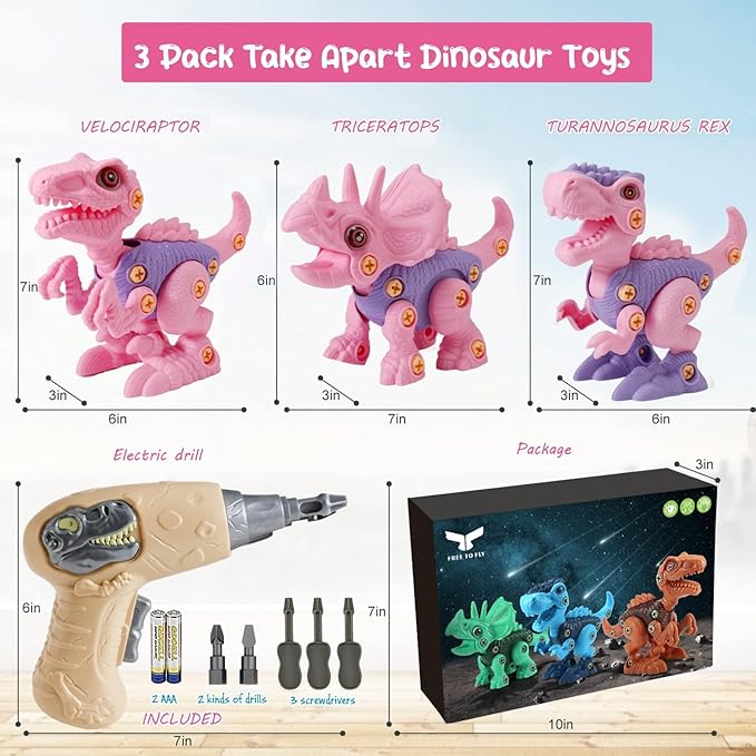 FREE TO FLY Girl Toys Take Apart Dinosaur: Pink Dinosaur Toys for Kids 3-5 5-7 Stem Learning Educational Montessori Toys for 3 4 5 6 7 8 Year Old Girls Toddlers Autism Sensory Xmas Birthday Gifts