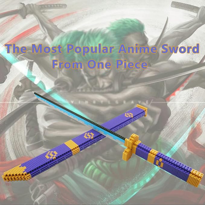 Cosplay Anime ONE Piece Zoro Swords Building Blocks Set, 22.8in Samurai Katana Zoro Sword Building Blocks with Scabbard & Stand, Cartoon Roronoa Yamato Sword Model