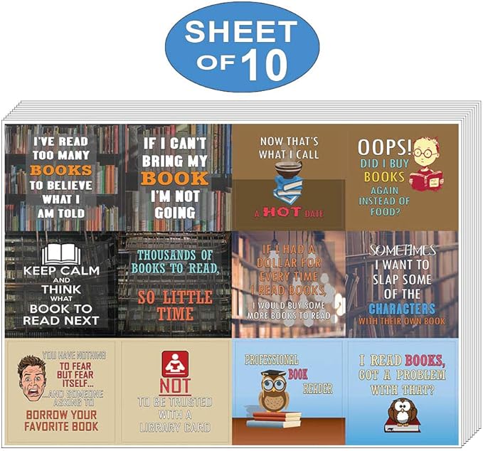 Creanoso Bookish Humor and Sayings (10-Sheet) – Total 120 pcs (10 X 12pcs) Individual Small Size 2.1 x 2. Inches, Waterproof, Unique Themes Designs, DIY Art Decal for Boys & Girls, Children, Teens