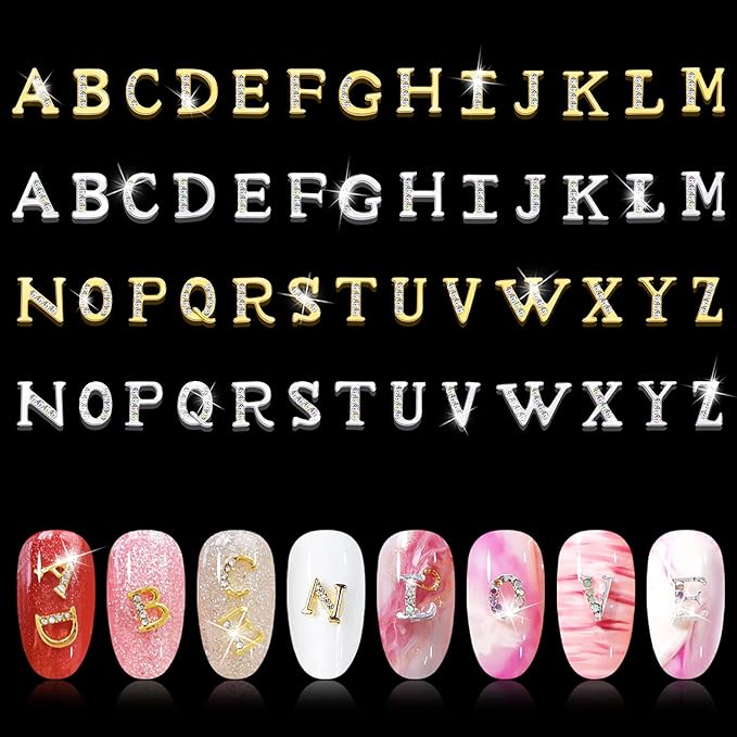 52Pcs Rhinetone Letters Nail Studs, Kalolary Gold Silver 3D Capital Rhinetone Nail Letter English Alphabet Stud Charm DIY Manicure Nails Jewelry Making Crafts Decoration for Women Girls