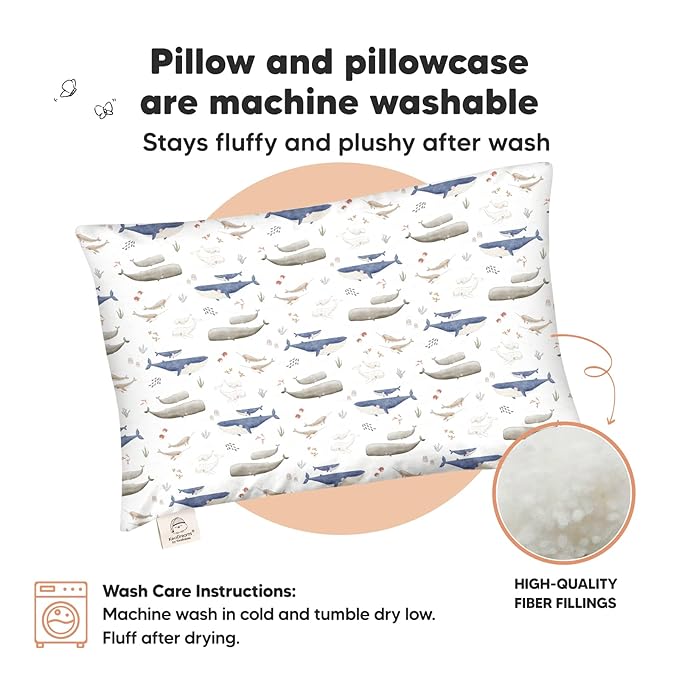 Toddler Pillow with Pillowcase - 13x18 My Little Dreamy Pillow, Organic Cotton Toddler Pillows for Sleeping, Kids Pillow, Travel Pillows, Mini Pillow, Nursery Pillow, Toddler Bed Pillow (Marine)