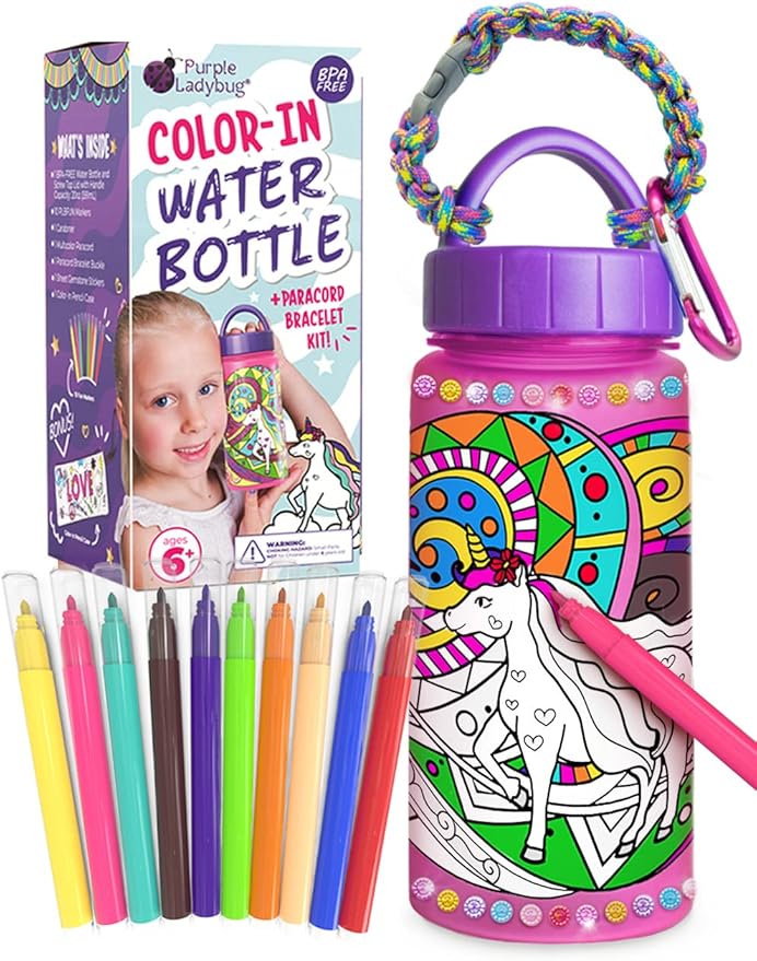 PURPLE LADYBUG Decorate Your Own Water Bottle for Girls Craft Set - Gifts for 6 Year Old Girl, 10 9 8 7 Year Old Girl Gifts, Fun Coloring Crafts for Girls Ages 6-8, School Water Bottles for Kids