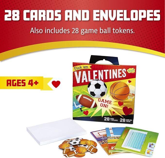 Peaceable Kingdom Valentines Cards for Kids Classroom, Set of 28 Valentines Day Gifts - Flick 'em Sports Games