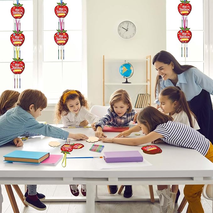 Fennoral 8 Pack Teacher Appreciation Wind Chime Kit for Kids Make You Own Apple Wind Chime for Girls Boys Teacher Day Craft DIY Paint Craft for Teacher Appreciation Ornaments Teacher Gifts