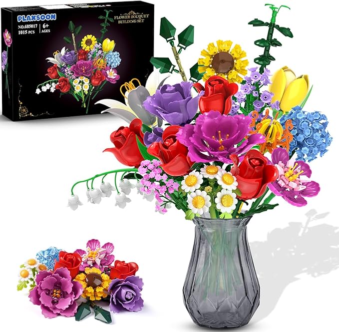 Flower Bouquet Building Set Valentines Day, 18 Flowers Rose Building Block, Botanical Collection Building Block Toy Plant Home Decor 1015 PCS, Gift for Her Adults Women Kids Boys Girls 8-12+