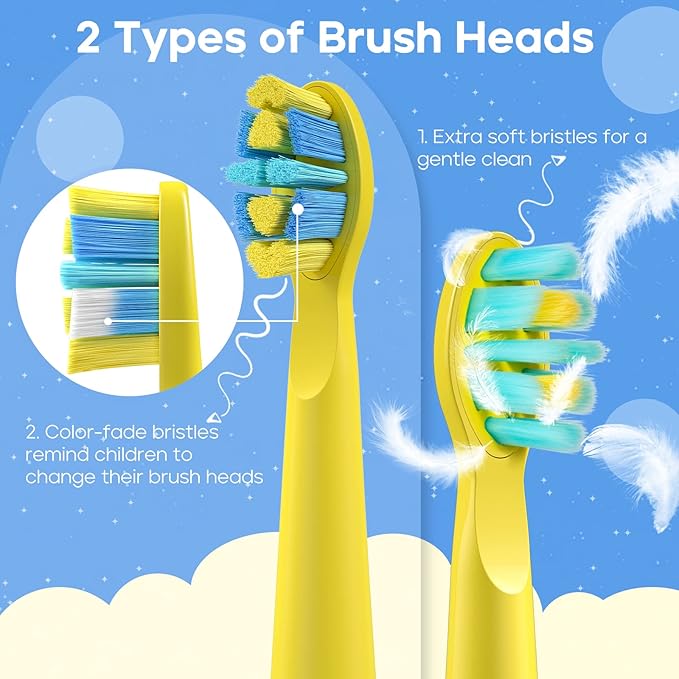 SEAGO Kids Electric Toothbrush, Sonic Soft Bristle Rechargeable Toothbrushes with DIY Stickers, 5 Modes, Includes 4 Replacement Brush Heads, Ages 3 to 12 Years Old (Yellow)