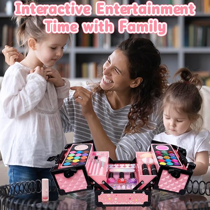 Hollyhi 59Pcs Kids Makeup Kit for Girl, Washable Play Makeup Toys Set for Dress Up, Beauty Vanity Set with Cosmetic Case Birthday Toys for Girls 3 4 5 6 7 8 9 10 11 12 Year Old Kids Toddlers ( Pink )