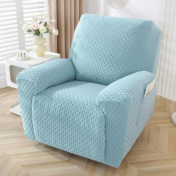 vctops 4 Pieces Jacquard Plush Recliner Slipcovers Stretch Soft Sofa Couch Cover Anti-Slip Solid Color Furniture Protector with Elastic Bottom for Kids Cats Dogs (Sky Blue,1 Seat)