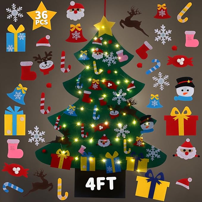 GameXcel 4ft Felt Christmas Tree for Toddlers with LED Light & 36pcs Ornaments, Velcro Montessori DIY Xmas Decorations - 4 Feet
