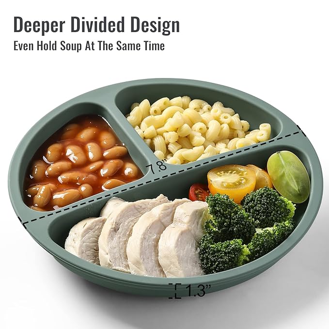 VITEVER 3 Pack Suction Plates with Lids and Utensils for Babies & Toddlers, 100% Food-Grade Silicone, Divided Design, Microwave & Dishwasher Safe