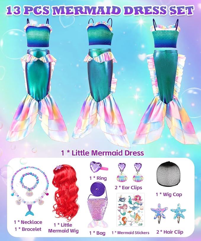 Mermaid Costume Dress, Mermaid Princess Dress for Girls with Wig Headband Necklace for Birthday Party Cosplay