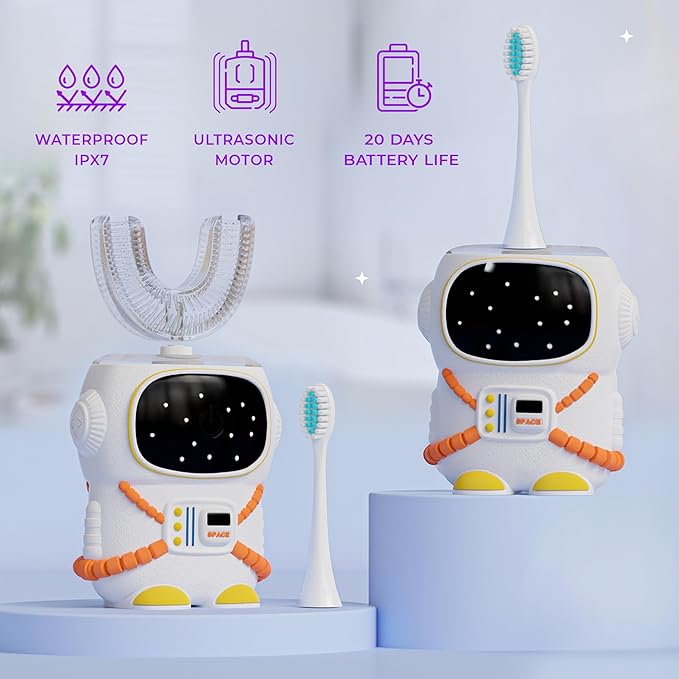 Sensory 360 Round U-Shaped Astronaut Design Mouthguard Electric Toothbrush for Kids Ages 2-7 - Automatic Memory Function - 5 Modes Toothbrush with Multiple Heads – Kids Travel Essentials (White)