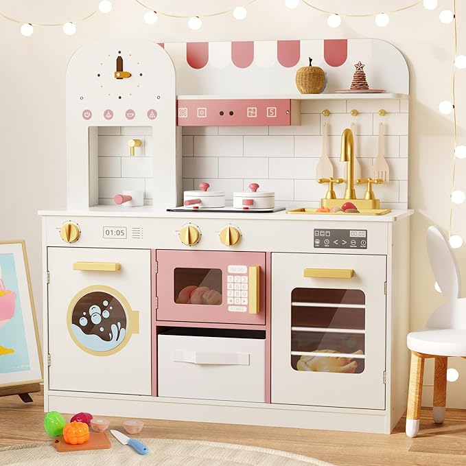 BIERUM Play Kitchen with Realistic Lights & Sounds, Wooden Kitchen Playset for Toddlers, Toy Kitchen with 26 Pcs Toy Food & Cookware Accessories, Gift for Boys & Gilrs Ages 3+